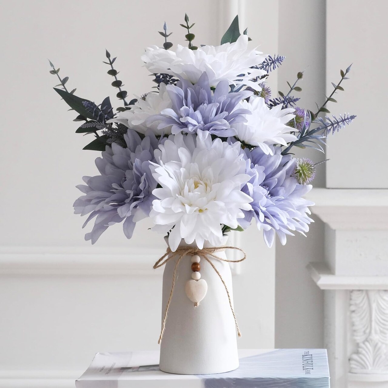 16" Artificial Flowers with Eucalyptus Stems and Greenery, Faux Dahlia Flower Arrangement in White Ceramic Vase with Heart Charm Décor, Rustic Farmhouse Table Centerpiece for Home, Kitchen & Office